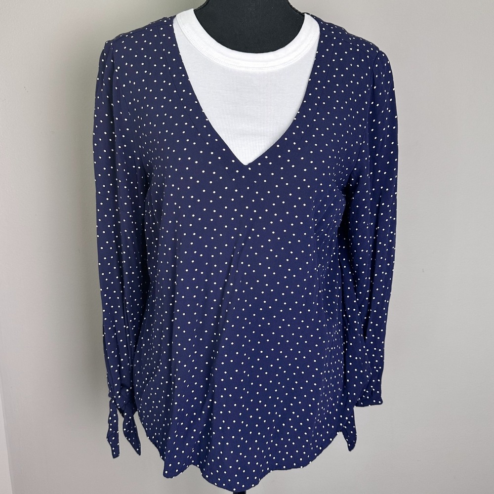 Anthropologie Maeve Womens Blouse Small‎ Navy Polka Dot V Neck Tie Sleeve Rayon